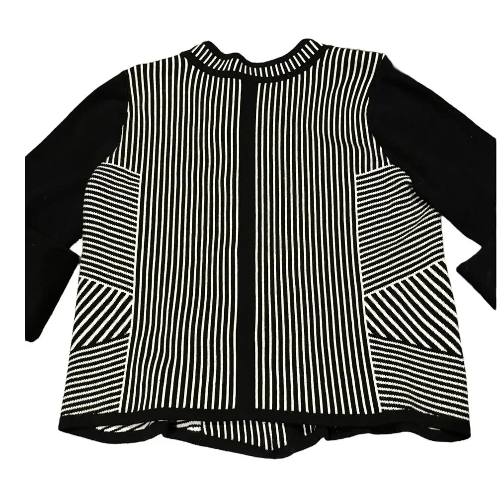 Chico's Natania Black/White Stripe asymmetrical Zip Up Cardigan Sweater size 12